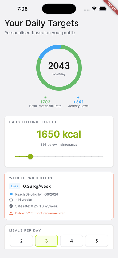 Daily calorie targets screen
